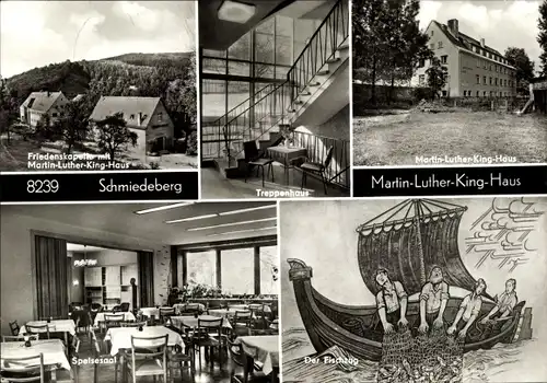 Ak Schmiedeberg im Erzgebirge, Friedenskapelle, Martin-Luther-King-Haus, Treppenhaus, Speisesaal