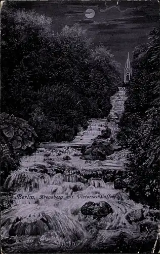 Mondschein Ak Berlin Kreuzberg, Victoria-Wasserfall bei Nacht