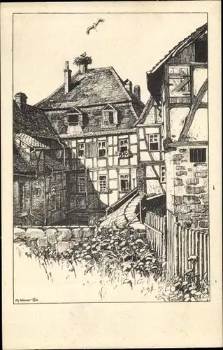 Künstler Ak Gönner, Gelnhausen, alter Fachwerkbau mit Stochnest