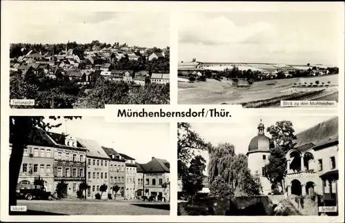 Ak Münchenbernsdorf in Thüringen, Teilansicht, Blick zu den Mahlteichen, Markt, Schloss