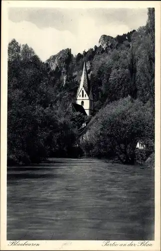 Ak Blaubeuren in Württemberg, Partie an der Blau, Kirche