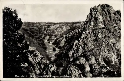 Ak Thale im Harz, Bodetal, Schurre und Rosstrappenfelsen