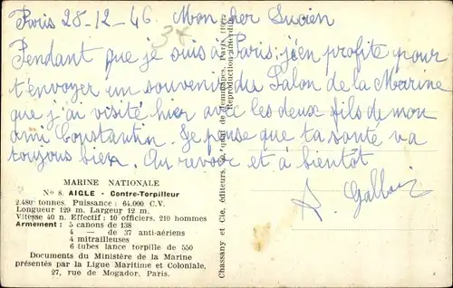 Ak Französisches Kriegsschiff, Contre Torpilleur Aigle