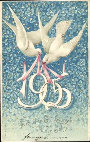 Litho Glückwunsch Neujahr 1905, Tauben, Vergissmeinnicht