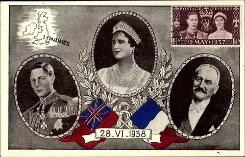 Ak King George VI., Queen Elizabeth Bowes Lyon, Président Albert Lebrun, 28.6.1938, London, Paris