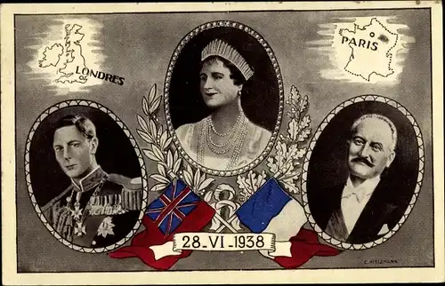Ak King George VI., Queen Elizabeth Bowes Lyon, Président Albert Lebrun, 28.6.1938, London, Paris