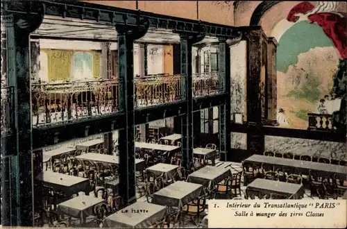 Ak Paquebot Paris, CGT, Interieur, Salle a manger des 1eres Classes