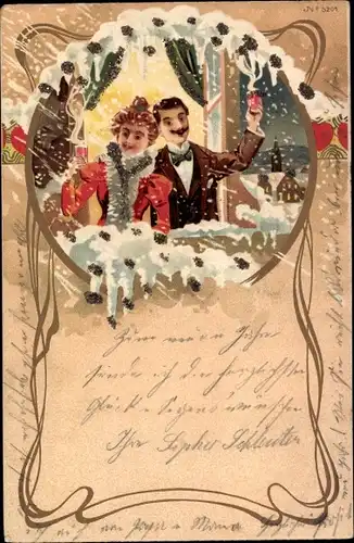 Glitzer Litho Glückwunsch Neujahr, Paar mit Punschgläsern am Fenster