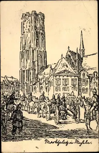 Künstler Ak Mechelen Mecheln Malines Flandern Antwerpen, Marktplatz