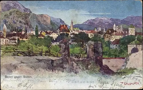 Künstler Ak T. Grubhofer, Bozen Bolzano Südtirol, Panorama gegen Süden