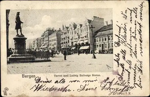 Ak Bergen Norwegen, Torvet med Ludvig Holbergs Statue