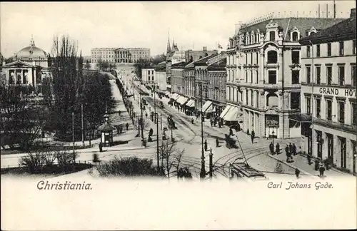 Ak Christiania Oslo Norwegen, Carl Johans Gade, Grand Hotel