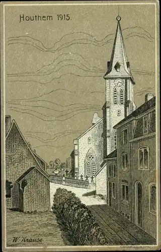 Künstler Ak Krause, W., Houthem Limburg, Straßenpartie, Kirche, 1915