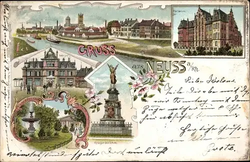 Litho Neuss am Rhein, Stadtansichten, Kriegerdenkmal, Promenade