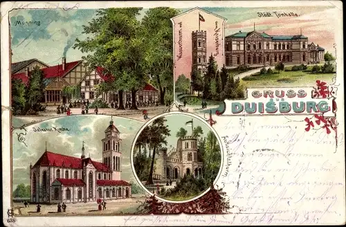 Litho Duisburg im Ruhrgebiet, Monning, Wasserturm, Städt. Tonhalle, Salvatorkirche, Aussichtsturm