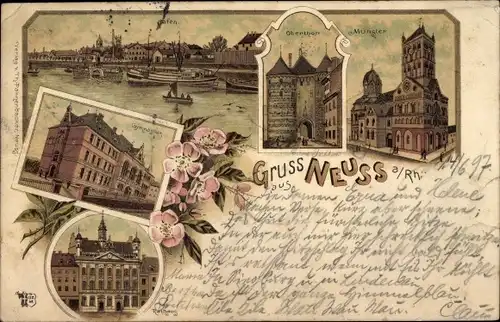 Litho Neuss am Rhein, Münster, Obertor, Gymnasium, Hafen, Rathaus