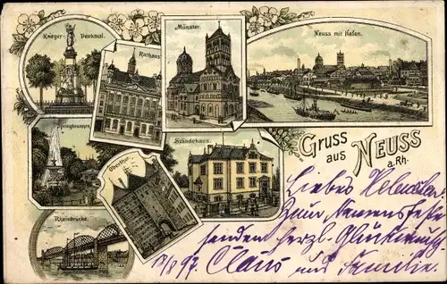 Litho Neuss in Nordrhein Westfalen, Kriegerdenkmal, Münster, Ständehaus, Obertor, Rathaus, Brücke