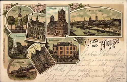 Litho Neuss am Rhein, Münster, Ständehaus, Kriegerdenkmal, Springbrunnen, Obertor, Hafen