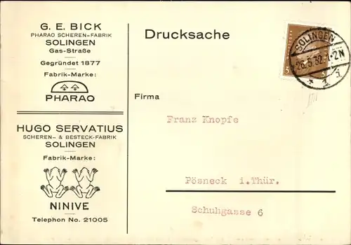 Ak Solingen in Nordrhein Westfalen, Hugo Servatius, Stahlwarenfabrik, G. E. Bick, Pharao Scheren