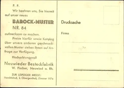 Ak Neuwied am Rhein, Neuwieder Besteckfabrik W. Fischer, Barock Muster, Besteck