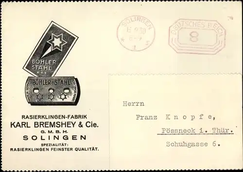Ak Solingen, Rasierklingen Fabrik Karl Bremshey & Cie GmbH, Reklame, Böhler Stahl