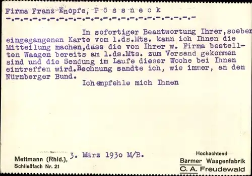 Ak Mettmann, Barmer Waagenfabrik C. A. Freudewald, Inh. Paul Herzog, Reklame