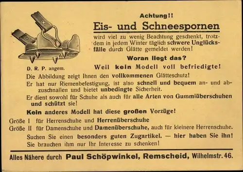 Ak Remscheid im Bergischen Land, Eis und Schneesporne, Paul Schöpwinkel, Wilhelmstraße 46