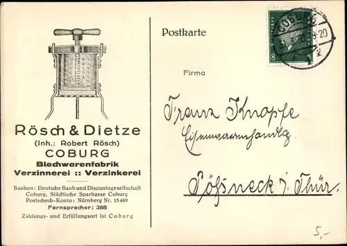 Ak Coburg in Oberfranken, Rösch & Dietze, Inh. Robert Rösch, Blechwarenfabrik, Verzinkerei