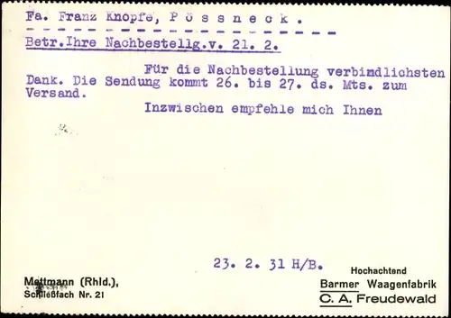 Ak Mettmann in Nordrhein Westfalen, Barmer Waagenfabrik, C. A. Freudewald, Inh. Paul Herzog