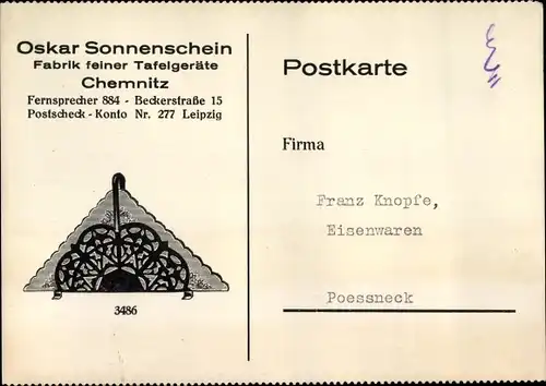 Ak Chemnitz Sachsen, Oskar Sonnenschein, Fabrik feiner Tafelgeräte, Beckerstraße 15