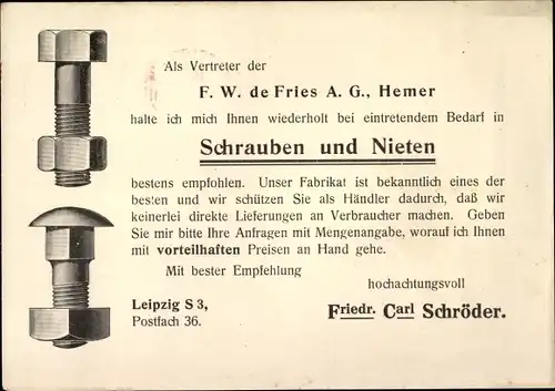 Ak Leipzig in Sachsen, Friedrich Carl Schröder, Gust. Freytagstr. 35, Schrauben u. Nieten