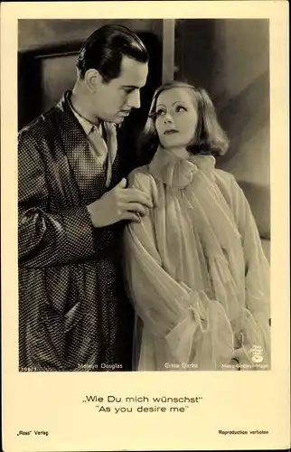 Ak Schauspielerin Greta Garbo, Schauspieler Melvyn Douglas, Wie Du mich wünschst