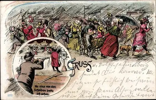 Litho Jahrmarkt, Mann an der Schießbude, Besucher im Regen, Betrunkener im Kinderwagen