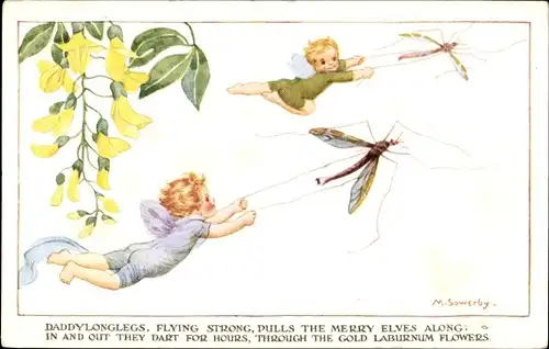 Künstler Ak Sowerby, M., Daddy Longlegs, flying strong, pulls the merry elves along