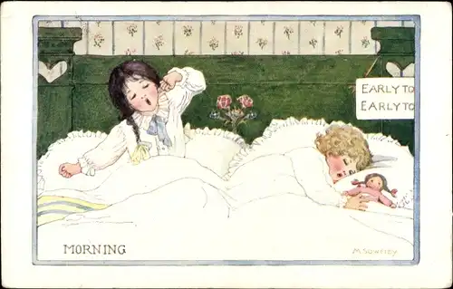 Künstler Ak Sowerby, M., The Children's Day, Morning, Mädchen beim Aufwachen, Bett