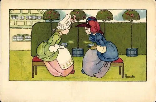 Künstler Ak Sowerby, M., Mädchen beim Teetrinken