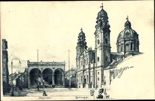 Litho München Bayern, Feldherrnhalle, Theatinerkirche