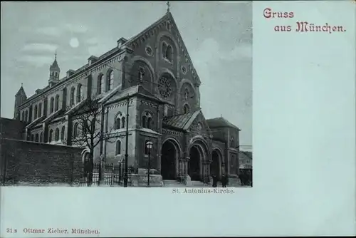 Mondschein Ak Ludwigsvorstadt Isarvorstadt München, St. Antonius Kirche, St. Anton