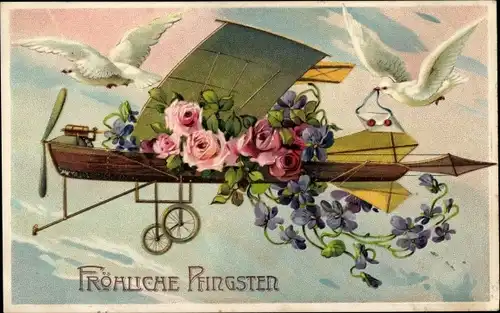 Ak Glückwunsch Pfingsten, Mit Blumen geschmücktes Flugzeug, Tauben, Rosen, Veilchen