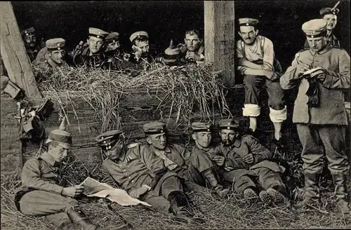 Ak Lager deutscher Truppen im Kampf, Ruhepause nach dem Gefecht, I WK