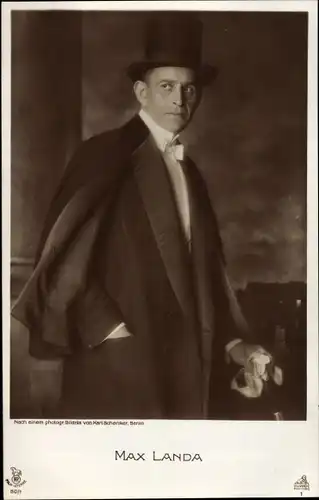 Ak Schauspieler Max Landa, Portrait, Mantel, Zylinder