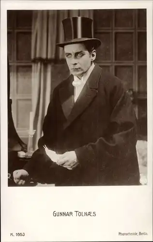 Ak Schauspieler Gunnar Tolnaes, Portrait, Zylinder