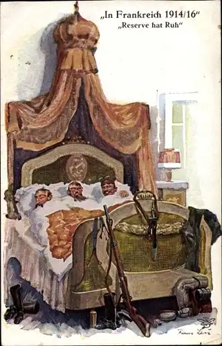 Künstler Ak Leu, Hans, In Frankreich 1914-16, Reserve hat Ruh, Soldatenhumor