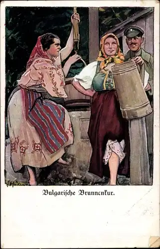 Künstler Ak Bulgarische Brunnenkultur, deutscher Soldat, Frauen in Trachten, I WK