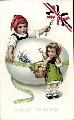 Ak Glückwunsch Ostern, Kinder mit Weidenkätzchen, Osterei, Patriotik