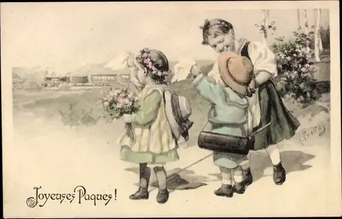 Künstler Ak Feiertag, K., Glückwunsch Ostern, Kinder, Abschied, Tuch, Blumenstrauß