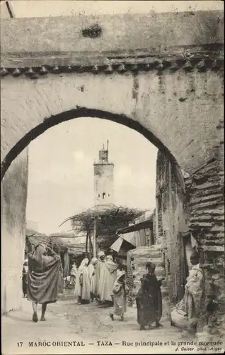 Ak Taza Marokko, Rue principale et grande mosquee, Minarett