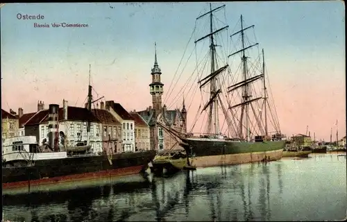 Ak Ostende Westflandern, Bassin du Commerce, Hafen, Segelschiff, Dampfschiff
