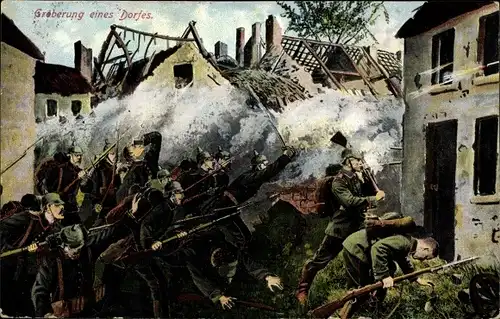 Ak Eroberung eines Dorfes, deutsche Soldaten im Straßenkampf, 1. WK