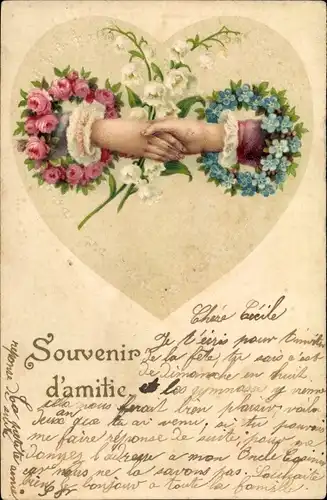Ak Souvenir d'amitie, Frauen reichen sich die Hände, Blumenkränze, Maiglöckchen